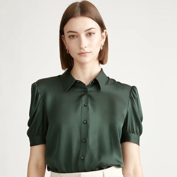 Quince Tops - Washable Silk Puff Sleeve Forest Green Women's Top